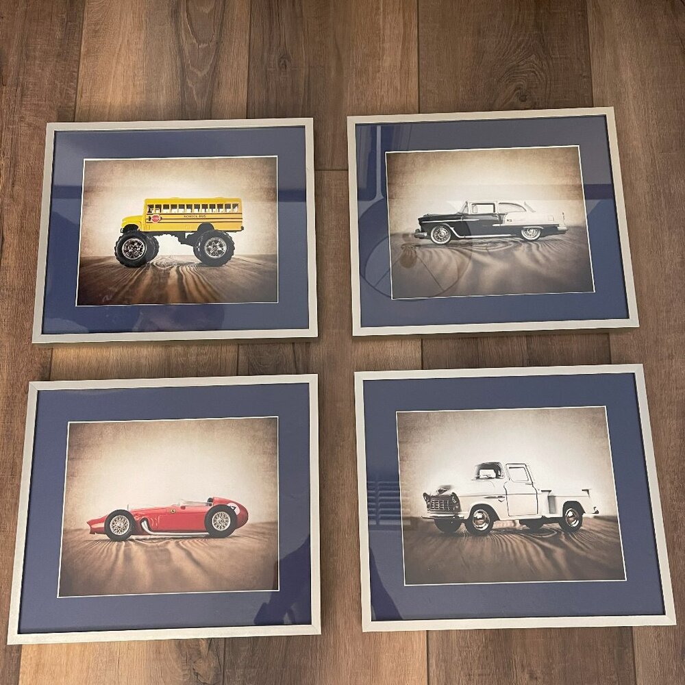 Set of 4 Professionally Framed Hot Wheels Pictures - Metal Frames w/Navy Matte